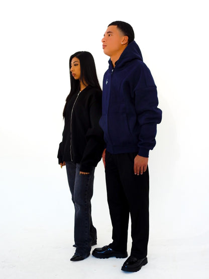 Navy Unisex Heavyweight Boxy Cropped Fleece Zip-Up Hoodie