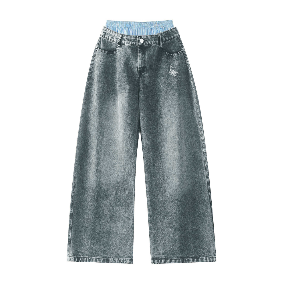 Unisex Double Waist Design Wide Leg Jeans