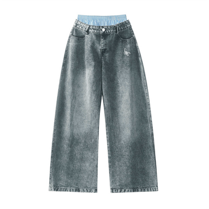 Unisex Double Waist Design Hip-hop Style Wide Leg Jeans