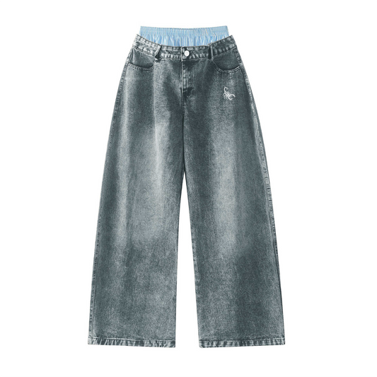 Blue Unisex Double Waist Design Wide Leg Jeans