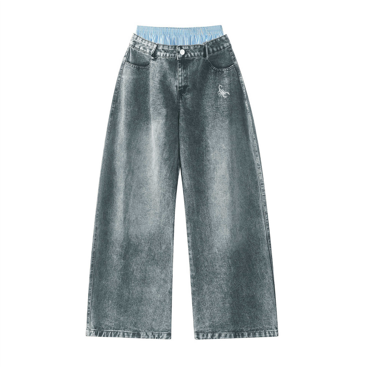 Unisex Double Waist Design Hip-hop Style Wide Leg Jeans
