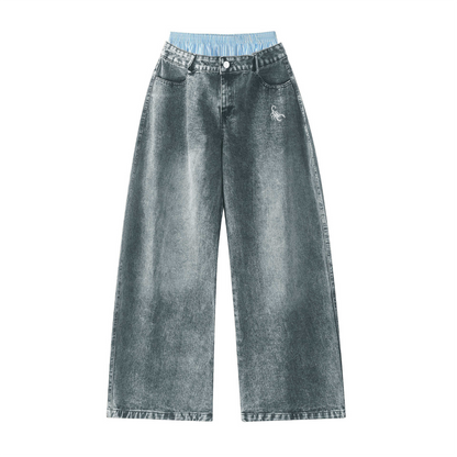 Unisex Double Waist Design Hip-hop Style Wide Leg Jeans