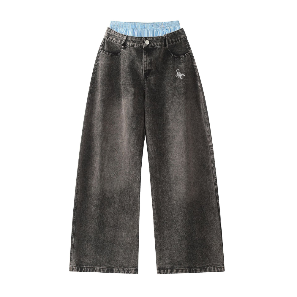 Unisex Double Waist Design Wide Leg Jeans