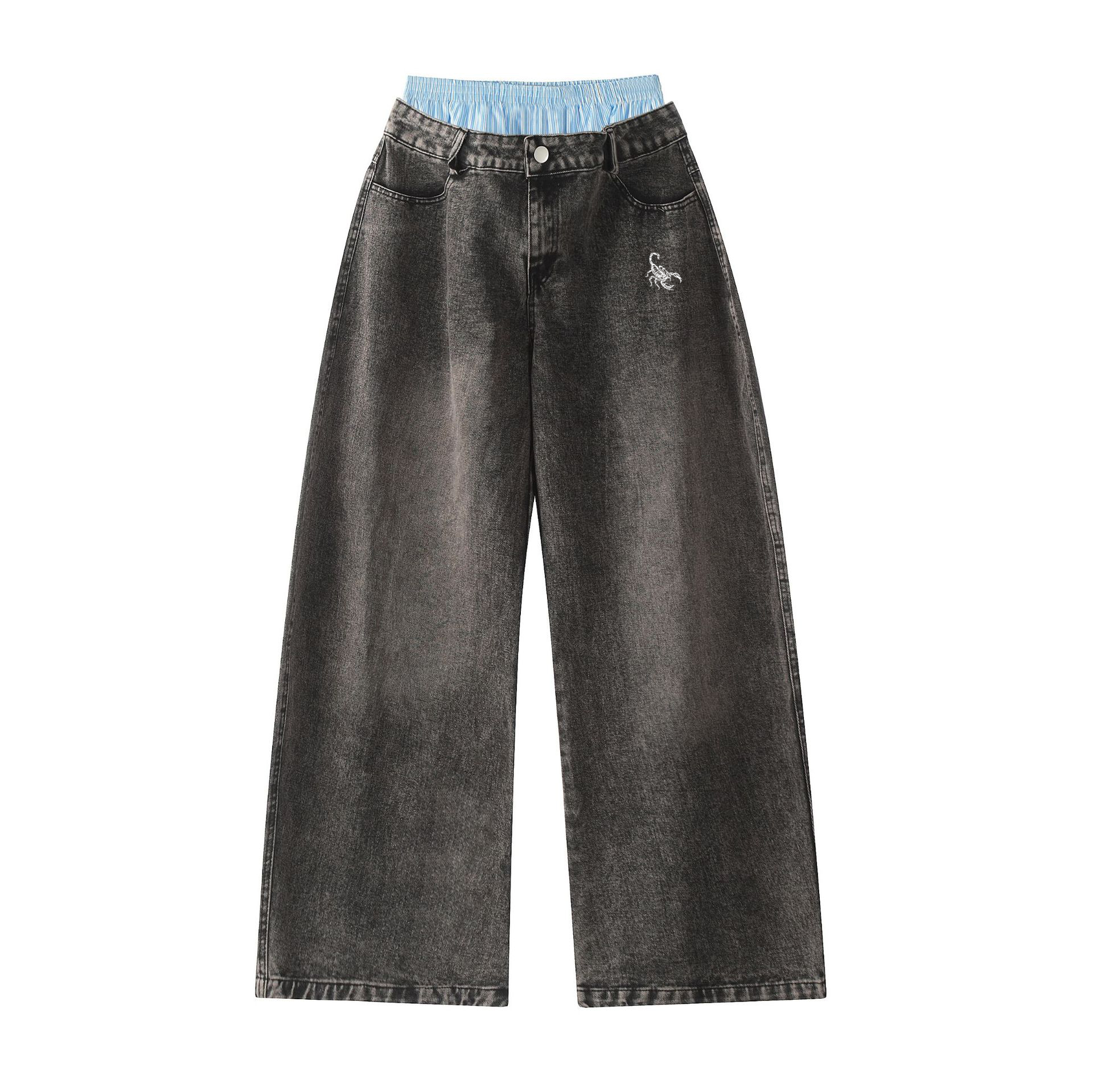 Unisex Double Waist Design Wide Leg Jeans