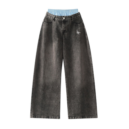 Unisex Double Waist Design Hip-hop Style Wide Leg Jeans