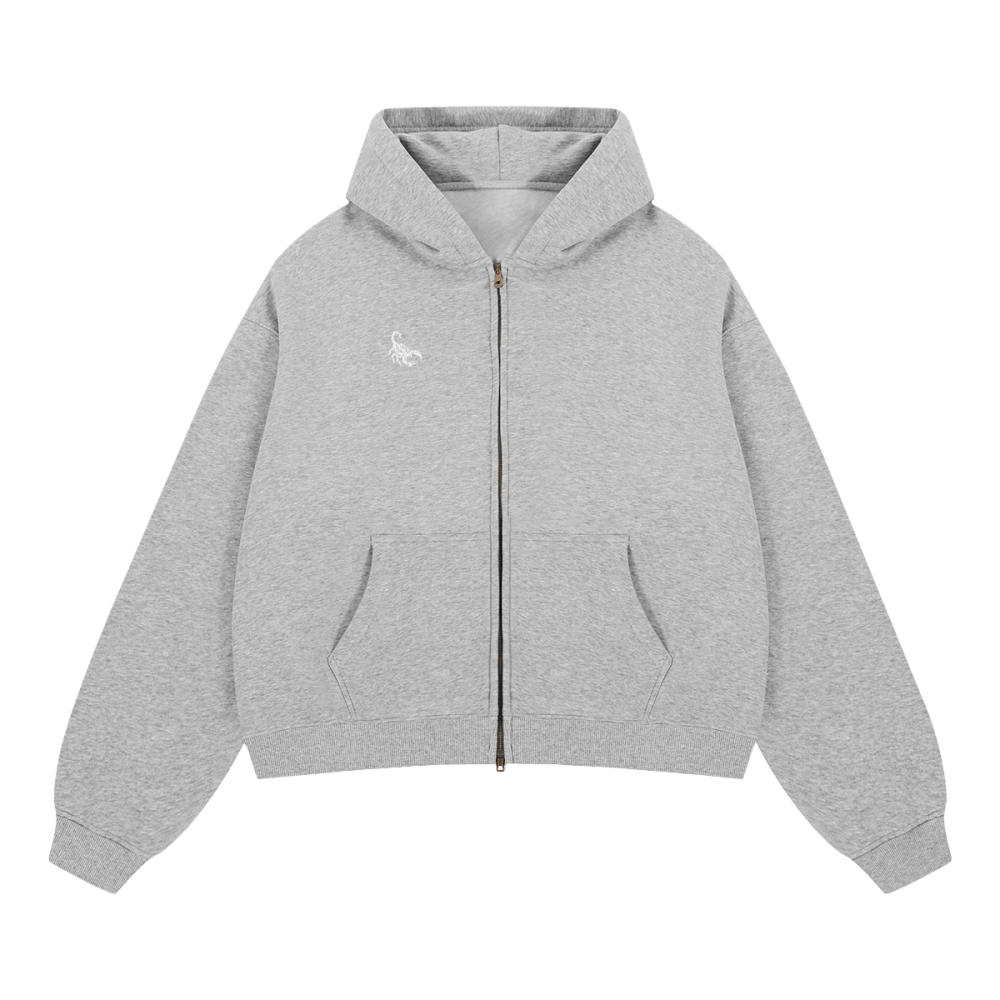 Grey Unisex Heavyweight Boxy Cropped Fleece Zip-Up Hoodie