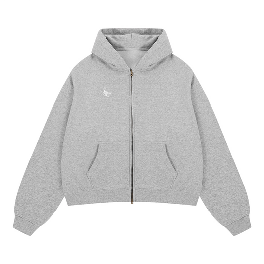 Grey Unisex Boxy Cropped Fleece Zip-up Hoodie