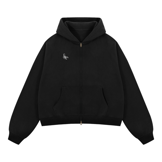 Black Unisex Boxy Cropped Fleece Zip-up Hoodie
