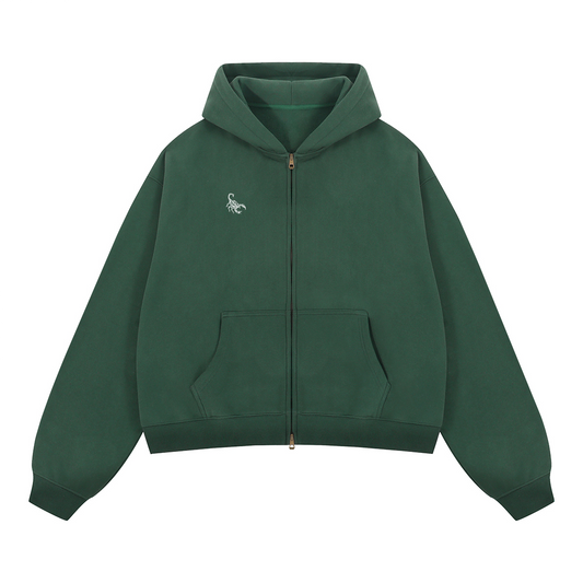 Green Unisex Boxy Cropped Fleece Zip-up Hoodie