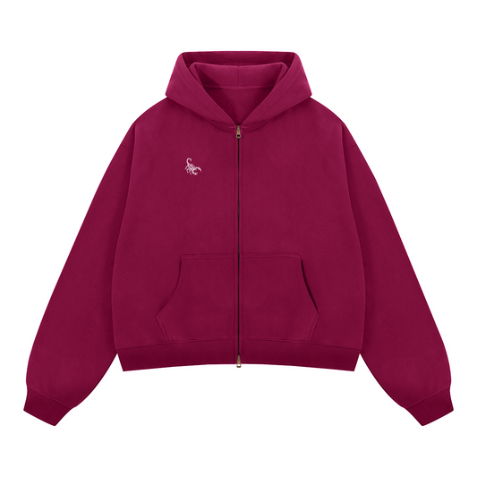Burgundy  Unisex Boxy Cropped Fleece Zip-up Hoodie