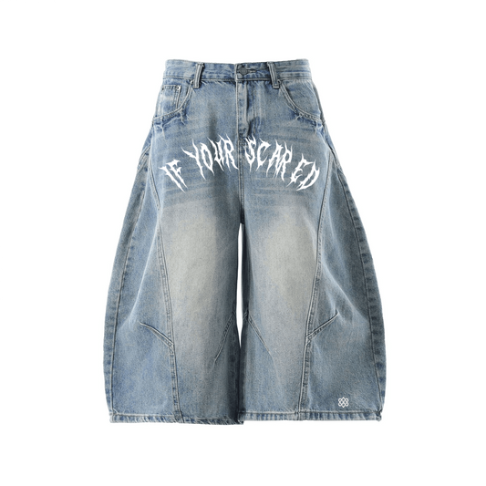 Blue Unisex Wide-Leg Curved Blade Denim Shorts