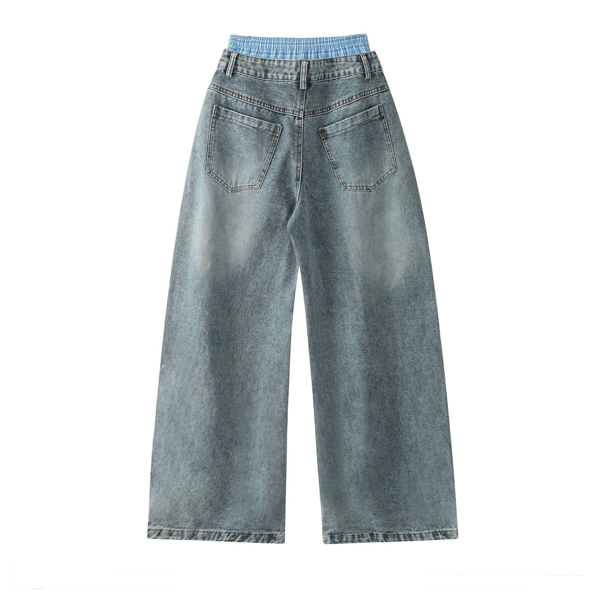 Unisex Double Waist Design Wide Leg Jeans