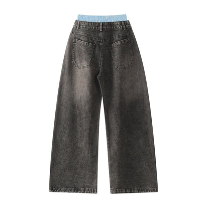 Unisex Double Waist Design Hip-hop Style Wide Leg Jeans