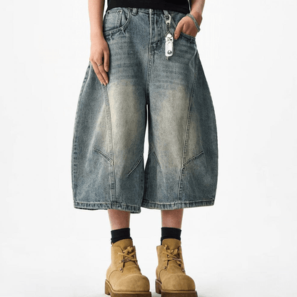 Unisex Wide-Leg Curved Blade Denim Shorts