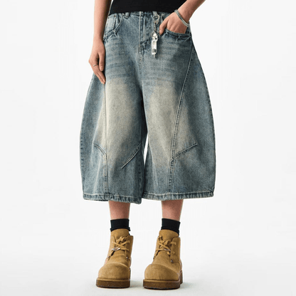 Unisex Wide-Leg Curved Blade Denim Shorts
